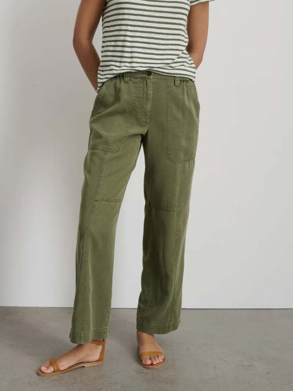 Alex Mill Women L Utility Pants Wide Leg Olive Green Stretch High Waisted Casual